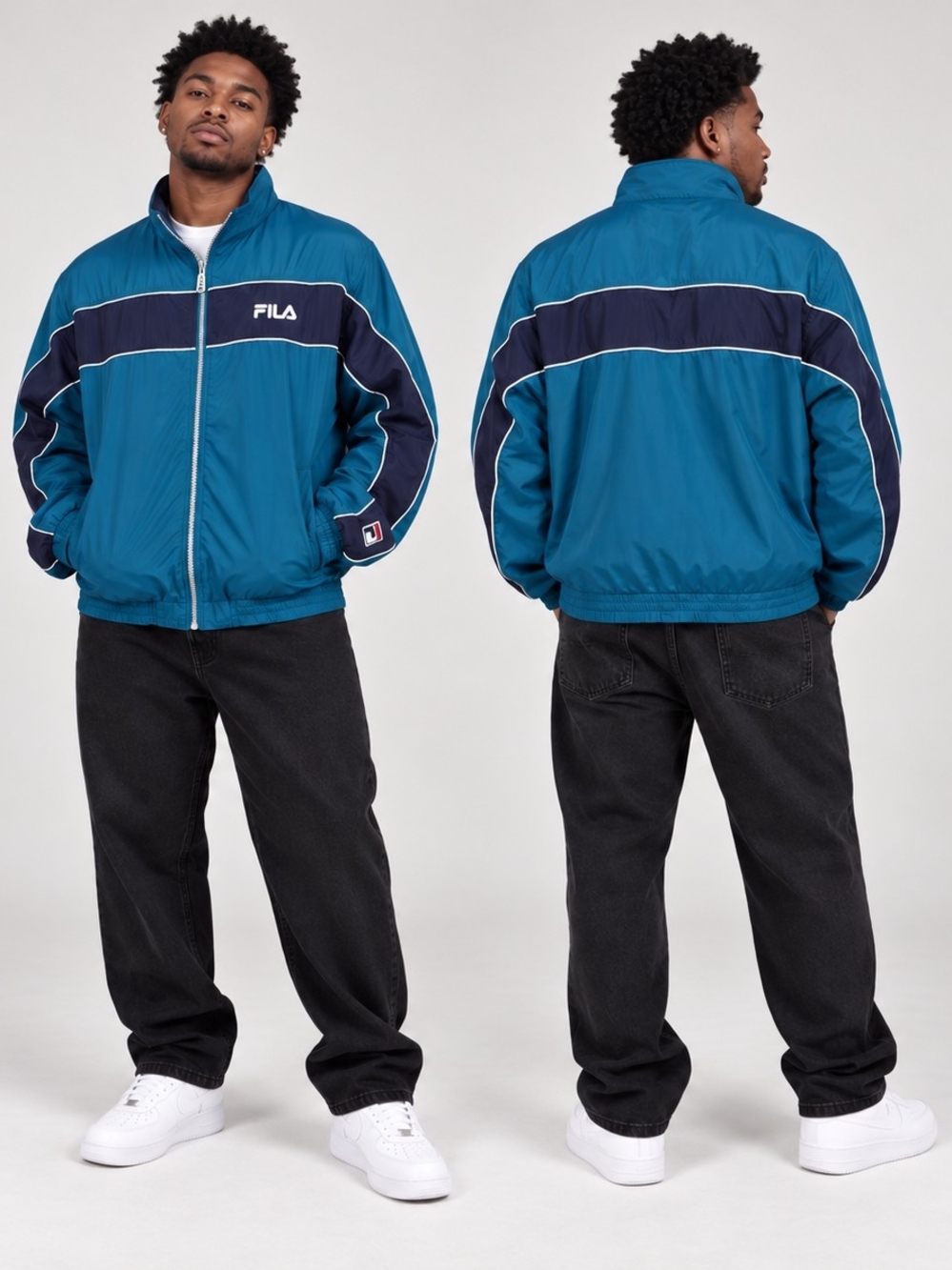 Vintage FILA Colorblock Windbreaker Jacket Teal Navy Large L Retro 90s Style